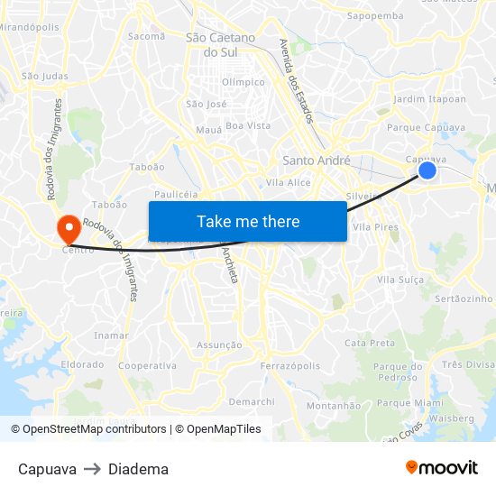 Capuava to Diadema map