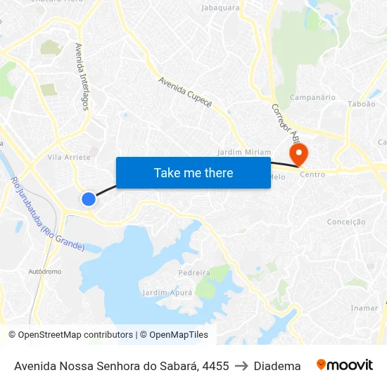 Avenida Nossa Senhora do Sabará, 4455 to Diadema map