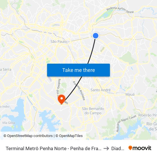 Terminal Metrô Penha Norte - Penha de França, São Paulo to Diadema map