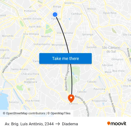 Av. Brig. Luís Antônio, 2344 to Diadema map