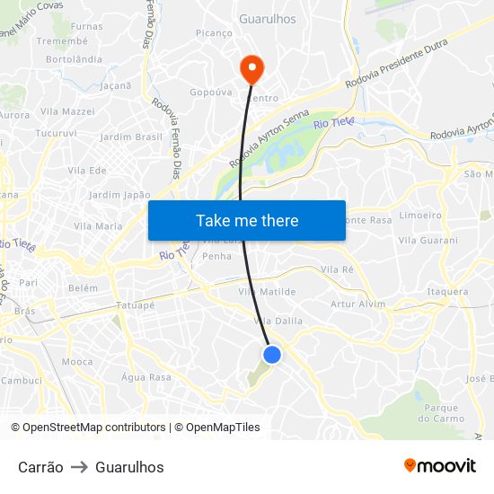 Carrão to Guarulhos map