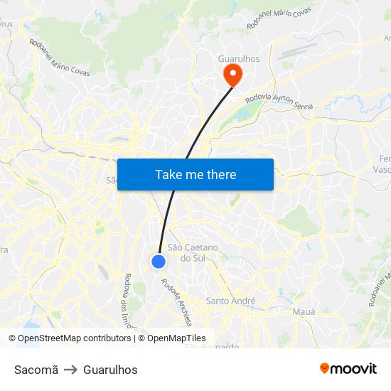 Sacomã to Guarulhos map