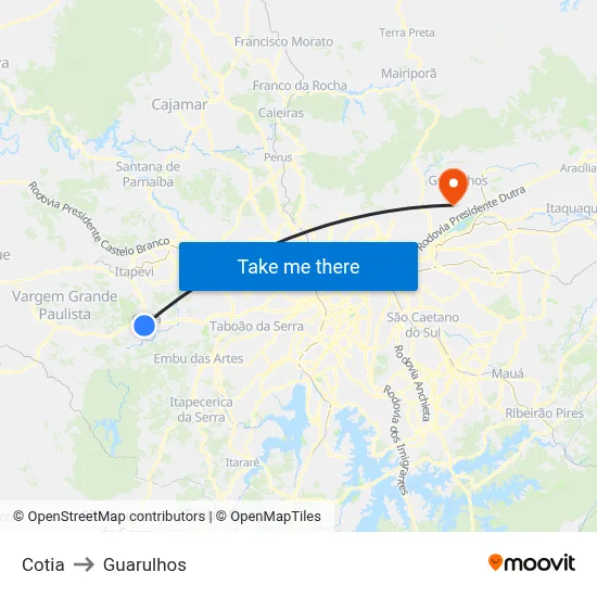 Cotia to Guarulhos map