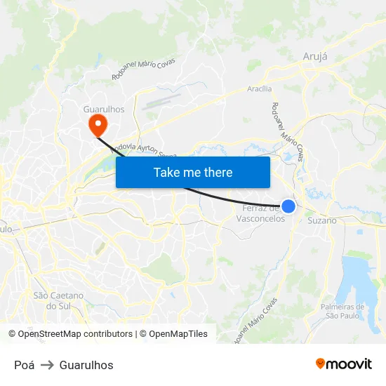 Poá to Guarulhos map