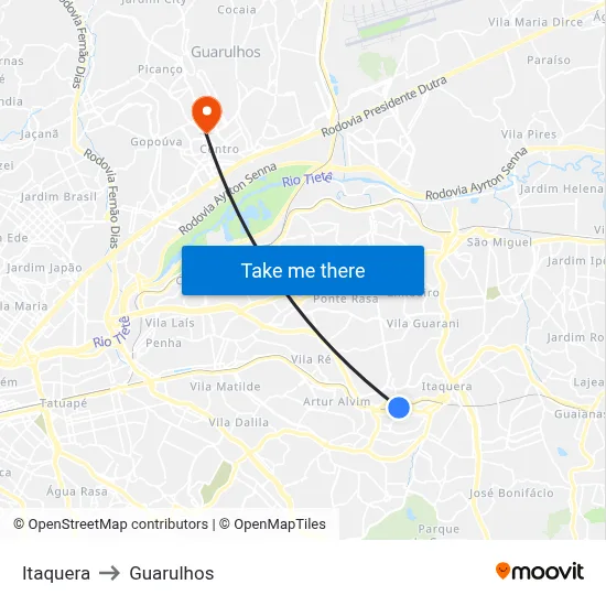 Itaquera to Guarulhos map