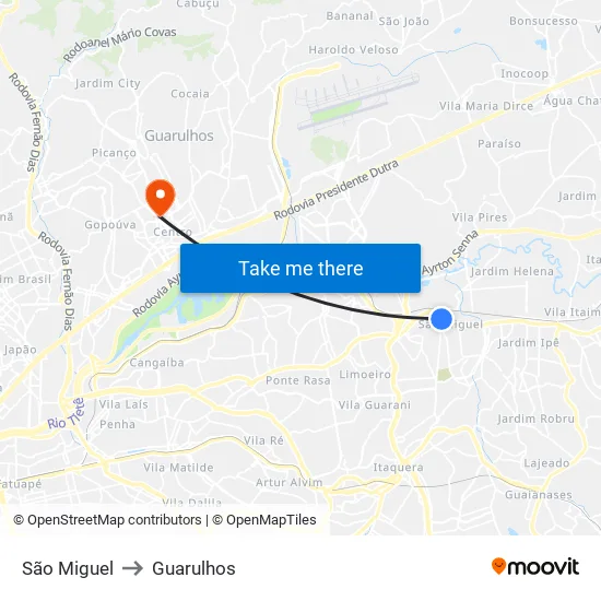 São Miguel to Guarulhos map