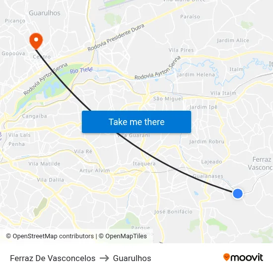 Ferraz De Vasconcelos to Guarulhos map
