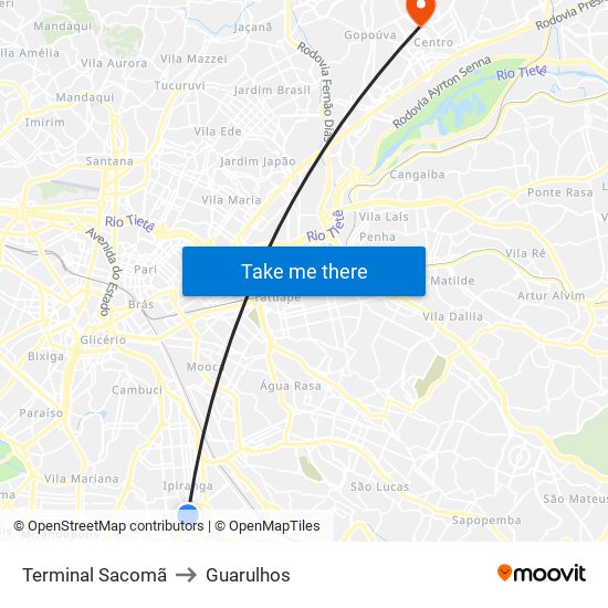 Terminal Sacomã to Guarulhos map