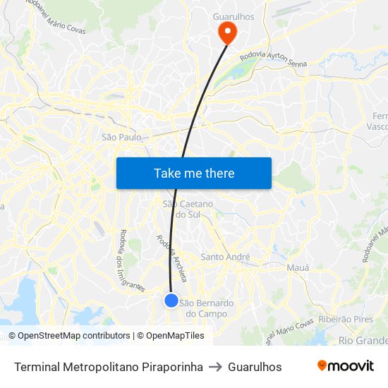 Terminal Metropolitano Piraporinha to Guarulhos map
