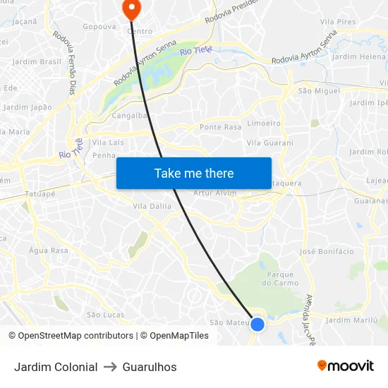 Jardim Colonial to Guarulhos map