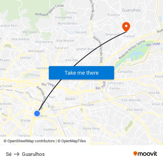 Sé to Guarulhos map