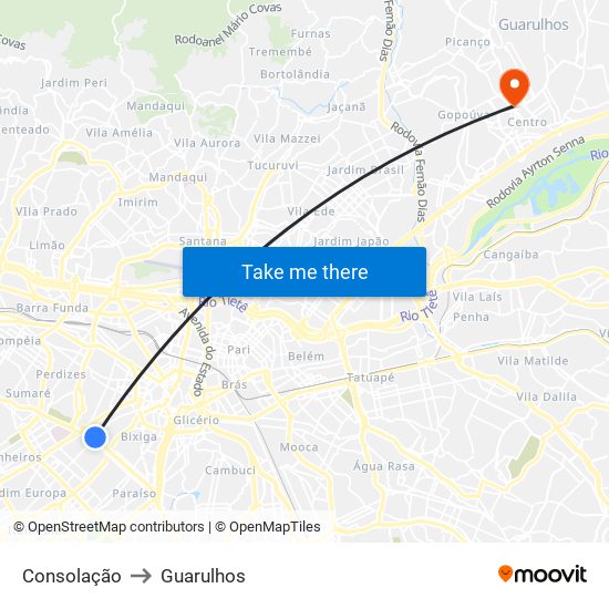 Consolação to Guarulhos map