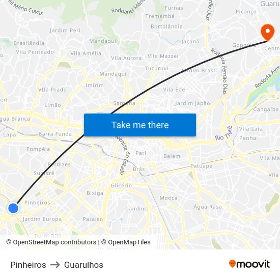 Pinheiros to Guarulhos map