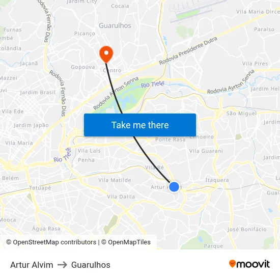 Artur Alvim to Guarulhos map