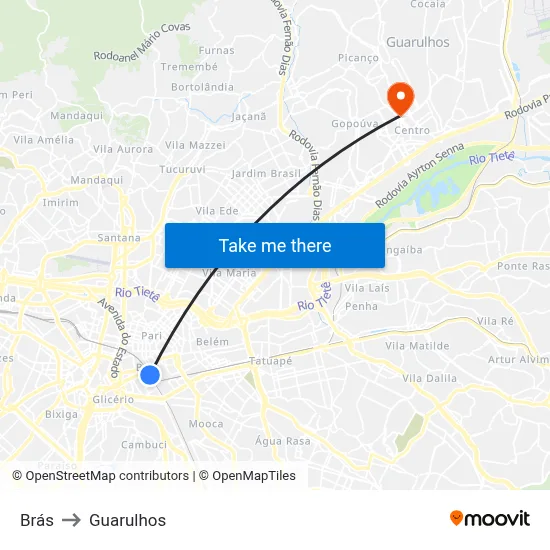 Brás to Guarulhos map