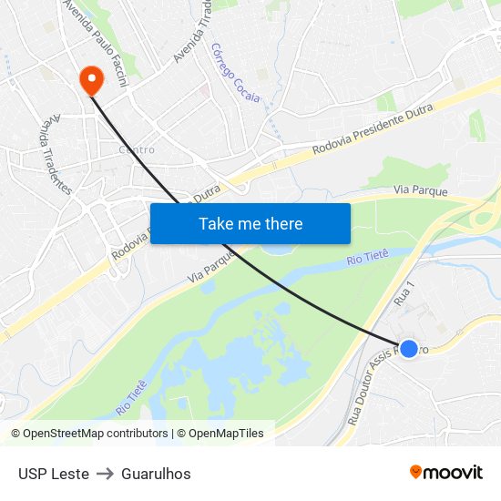 USP Leste to Guarulhos map