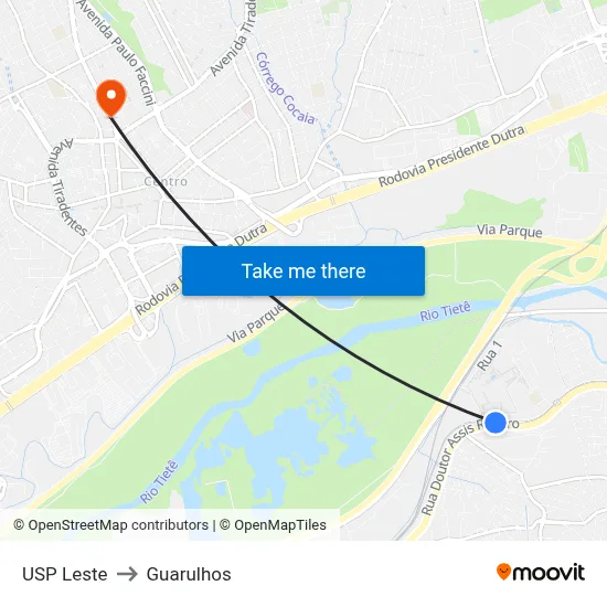 USP Leste to Guarulhos map