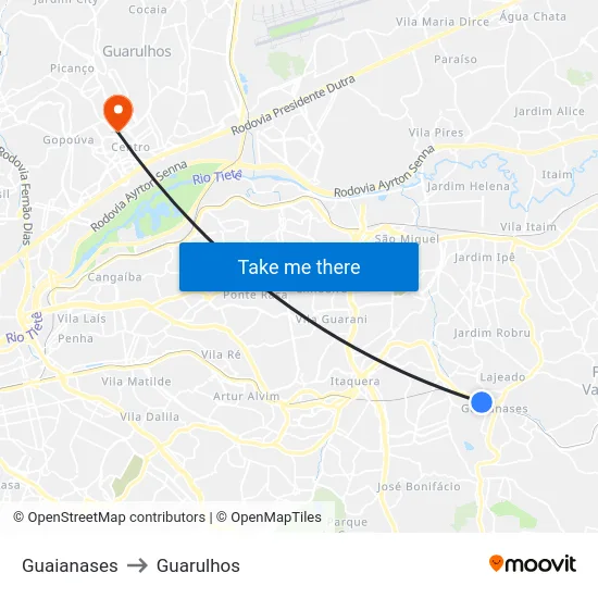 Guaianases to Guarulhos map