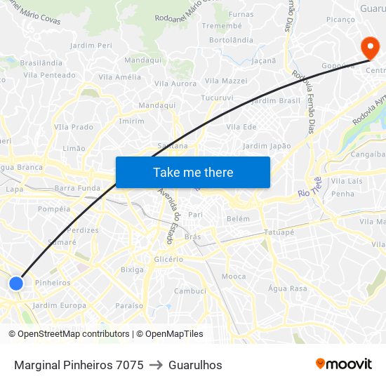 Marginal Pinheiros 7075 to Guarulhos map