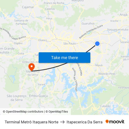 Terminal Metrô Itaquera Norte to Itapecerica Da Serra map