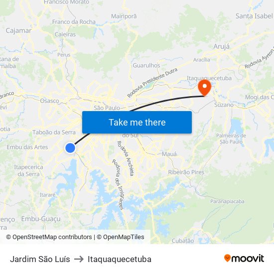 Jardim São Luís to Itaquaquecetuba map