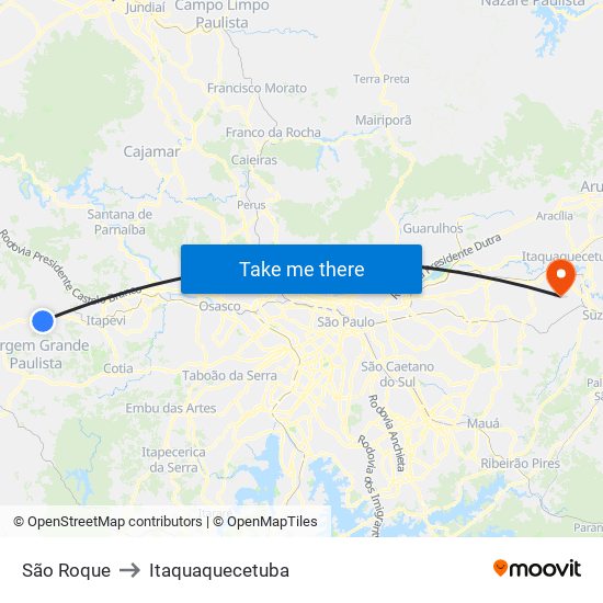 São Roque to Itaquaquecetuba map