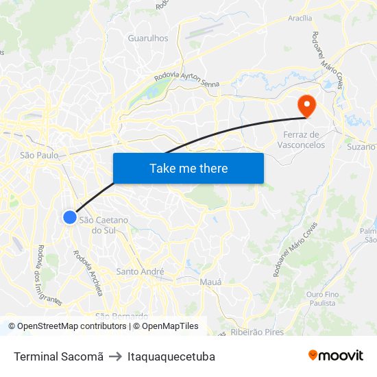 Terminal Sacomã to Itaquaquecetuba map