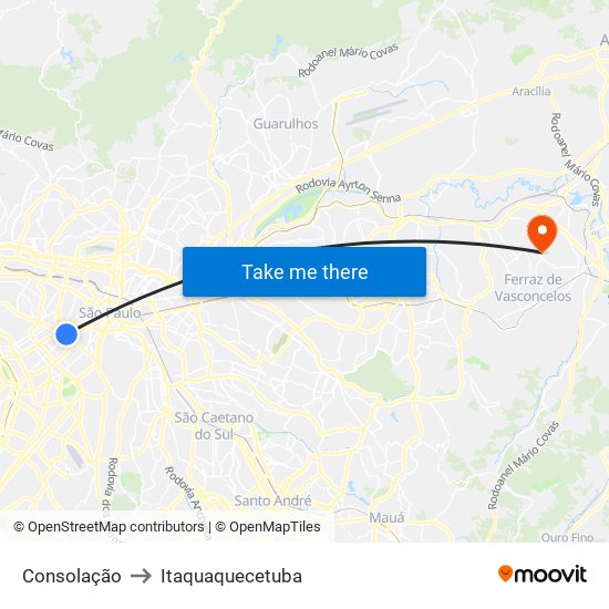 Consolação to Itaquaquecetuba map