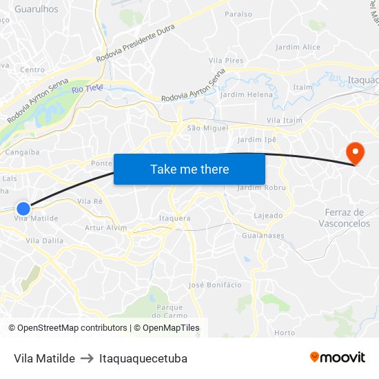 Vila Matilde to Itaquaquecetuba map