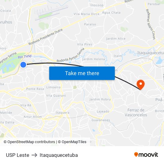 USP Leste to Itaquaquecetuba map