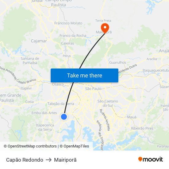 Capão Redondo to Mairiporã map
