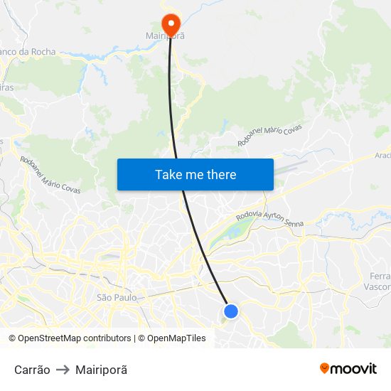 Carrão to Mairiporã map