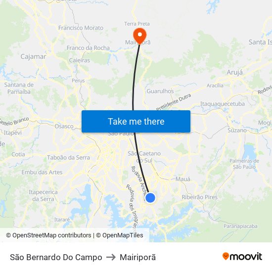 São Bernardo Do Campo to Mairiporã map