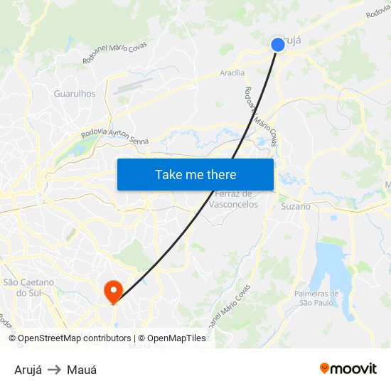 Arujá to Mauá map