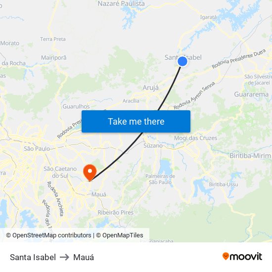 Santa Isabel to Mauá map