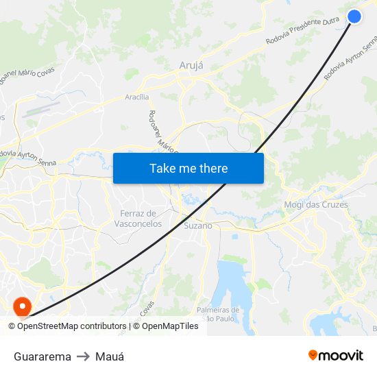 Guararema to Mauá map