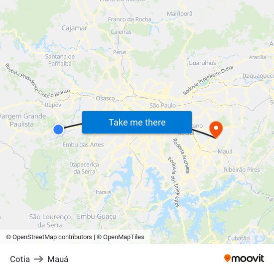 Cotia to Mauá map