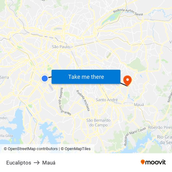 Eucaliptos to Mauá map