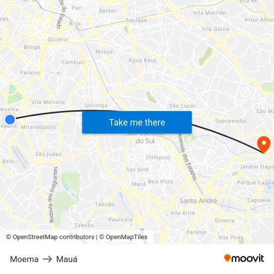 Moema to Mauá map