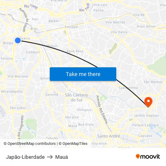 Japão-Liberdade to Mauá map