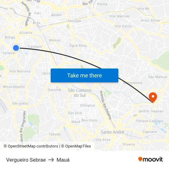 Vergueiro Sebrae to Mauá map