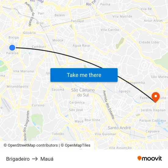 Brigadeiro to Mauá map