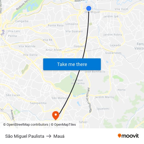 São Miguel Paulista to Mauá map