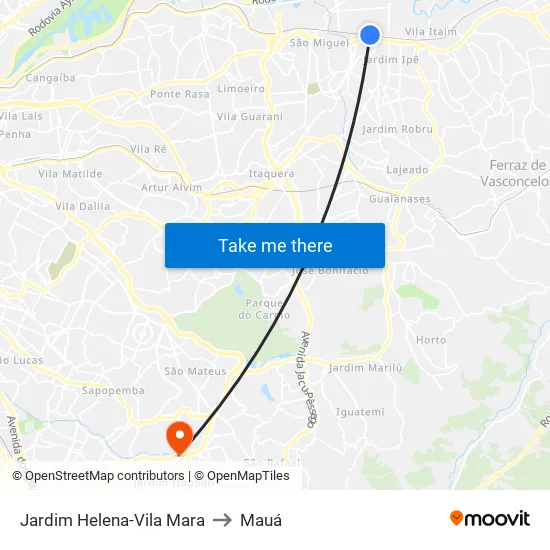 Jardim Helena-Vila Mara to Mauá map