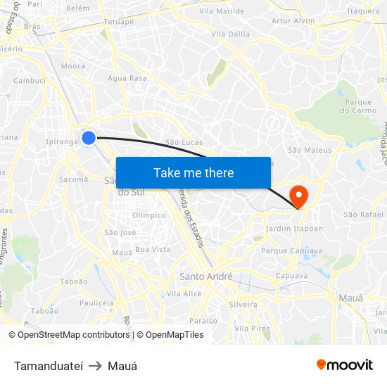 Tamanduateí to Mauá map