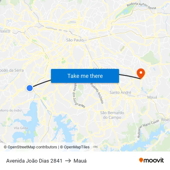 Avenida João Dias 2841 to Mauá map
