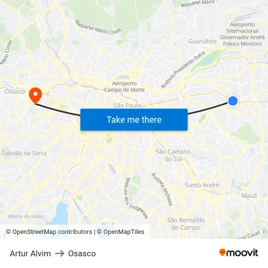 Artur Alvim to Osasco map