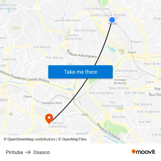 Pirituba to Osasco map