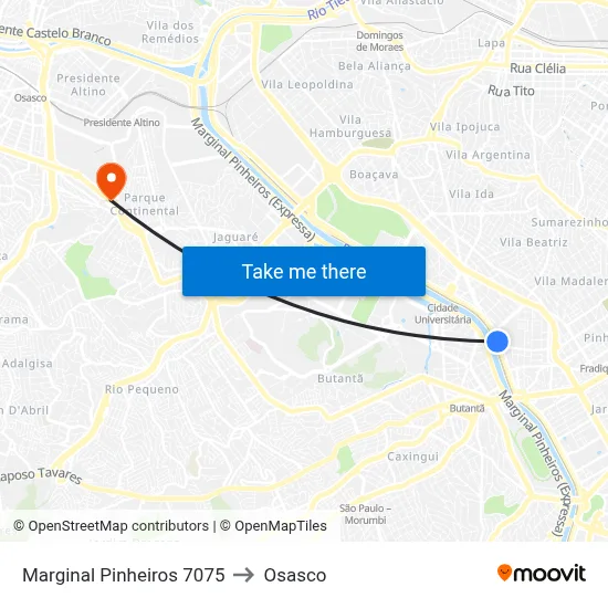 Marginal Pinheiros 7075 to Osasco map