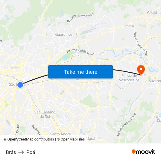 Brás to Poá map